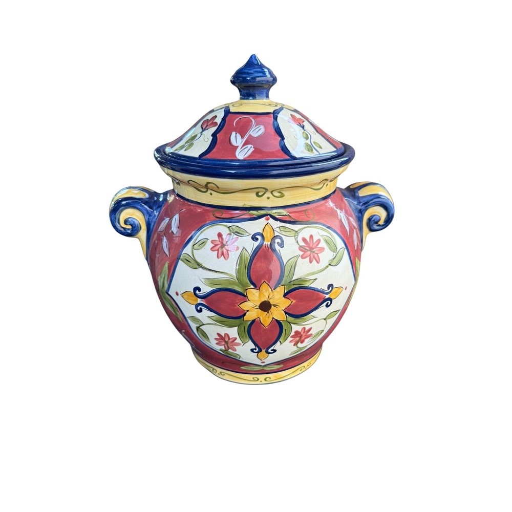 Pier 1 Vallarta Handpainted Earthenware Canister‎ Lidded cookie Jar Floral